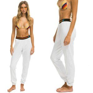 Aviator Nation Sweatpants White Logo Stripe Elastic Waistband White Sz Small